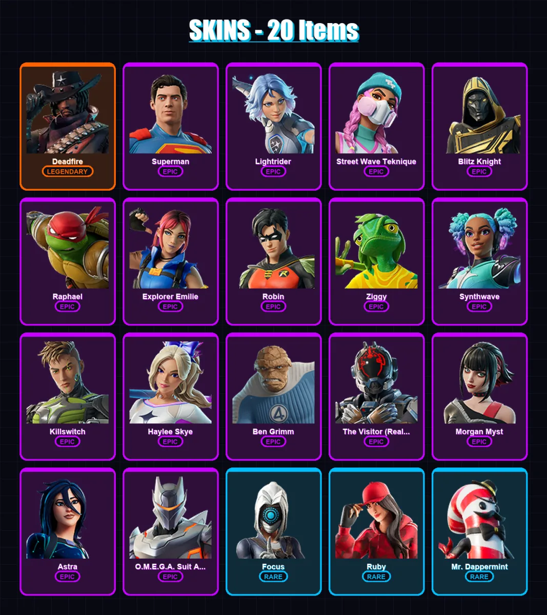 [PS4/PS5/XBOX/PC] | Deadfire | Superman | Lightrider | Street Wave Teknique | Blitz Knight | 20 skin | 23 pickaxe | 21 emote | 23 glider | Lv172