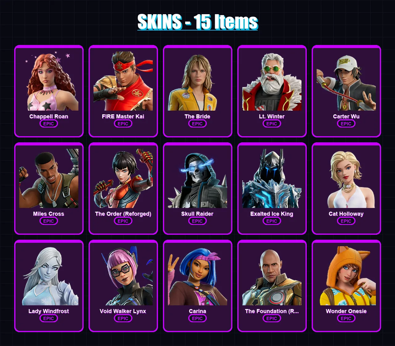 [PC/PSN] | Chappell Roan | FIRE Master Kai | The Bride | Lt. Winter | Carter Wu | 15 skin | 20 pickaxe | 14 emote | 15 glider | Lv123