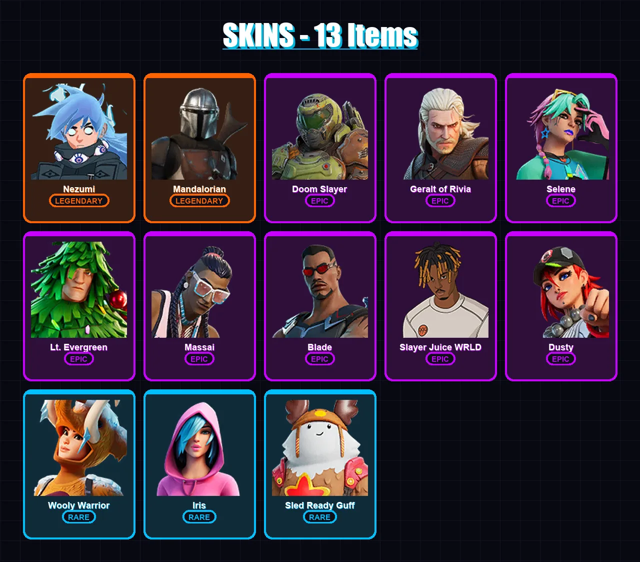 [PC/XBOX/PSN] | Nezumi | Mandalorian | Doom Slayer | Geralt of Rivia | Selene | 13 skin | 30 pickaxe | 25 emote | 24 glider | Lv387