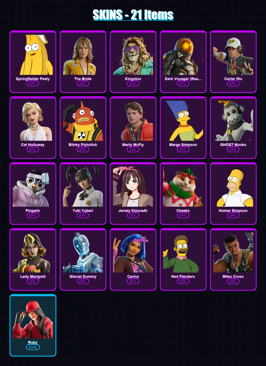 [PS4/PS5/XBOX/PC] | Springfielder Peely | The Bride | Kingston | 21 skin | Lv721