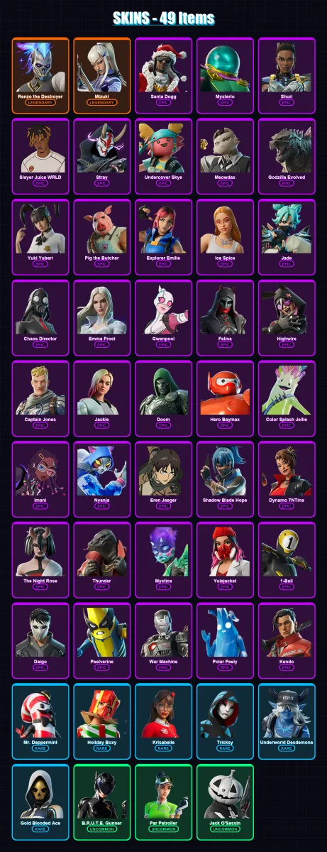[PS4/PS5/XBOX/PC] | Renzo the Destroyer | Mizuki | Santa Dogg | Mysterio | Shuri | 49 skin | 114 pickaxe | 87 emote | 86 glider | Lv2389