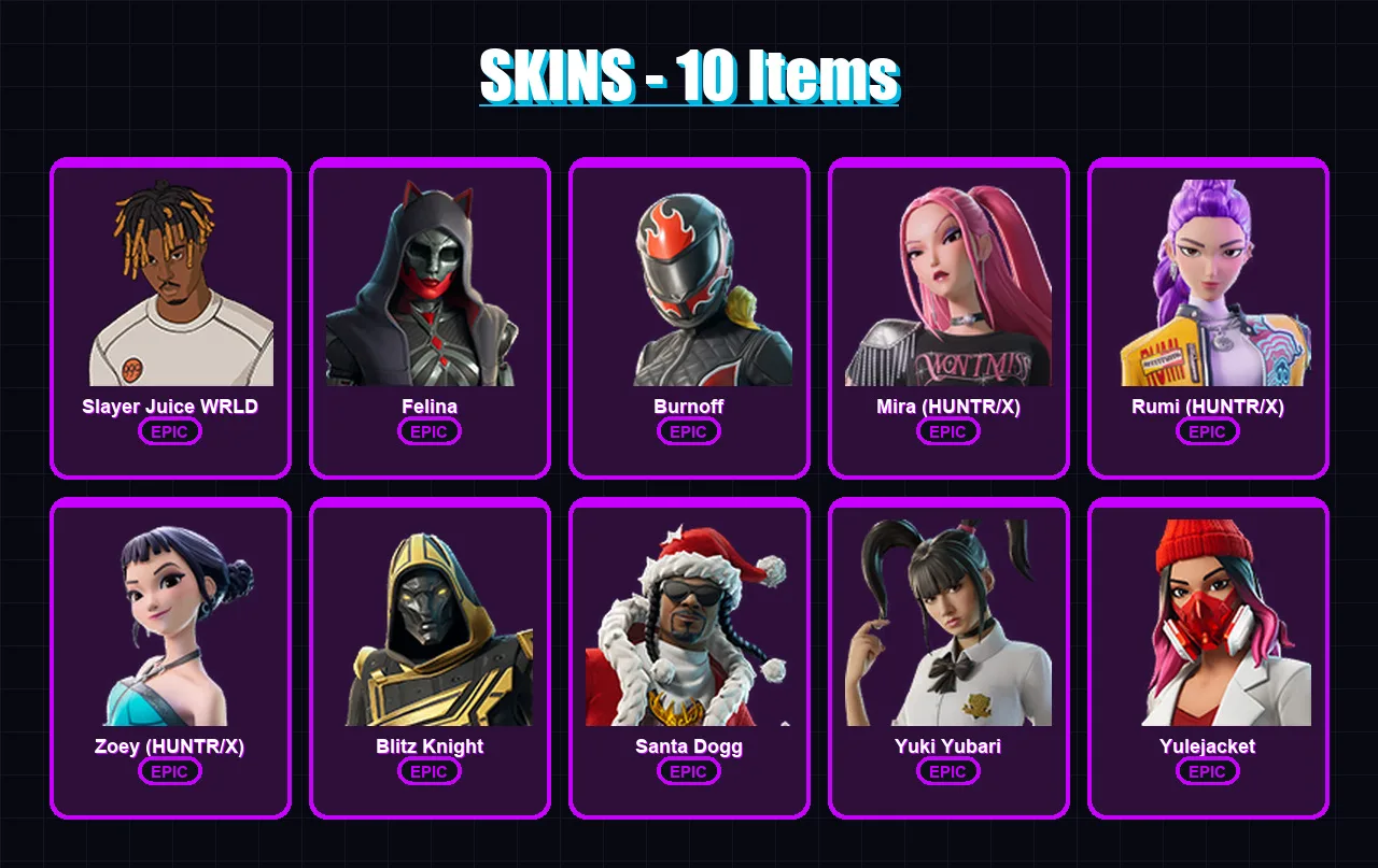 [PC/PSN] | Slayer Juice WRLD | Felina | Burnoff | Mira (HUNTR/X) | Rumi (HUNTR/X) | 10 skin | 52 pickaxe | 15 emote | 26 glider | Lv343