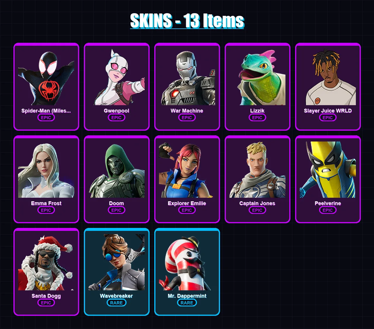 [PC/PSN] | Spider-Man (Miles Morales) | Gwenpool | War Machine | Lizzik | Slayer Juice WRLD | 13 skin | 31 pickaxe | 15 emote | 23 glider | Lv237