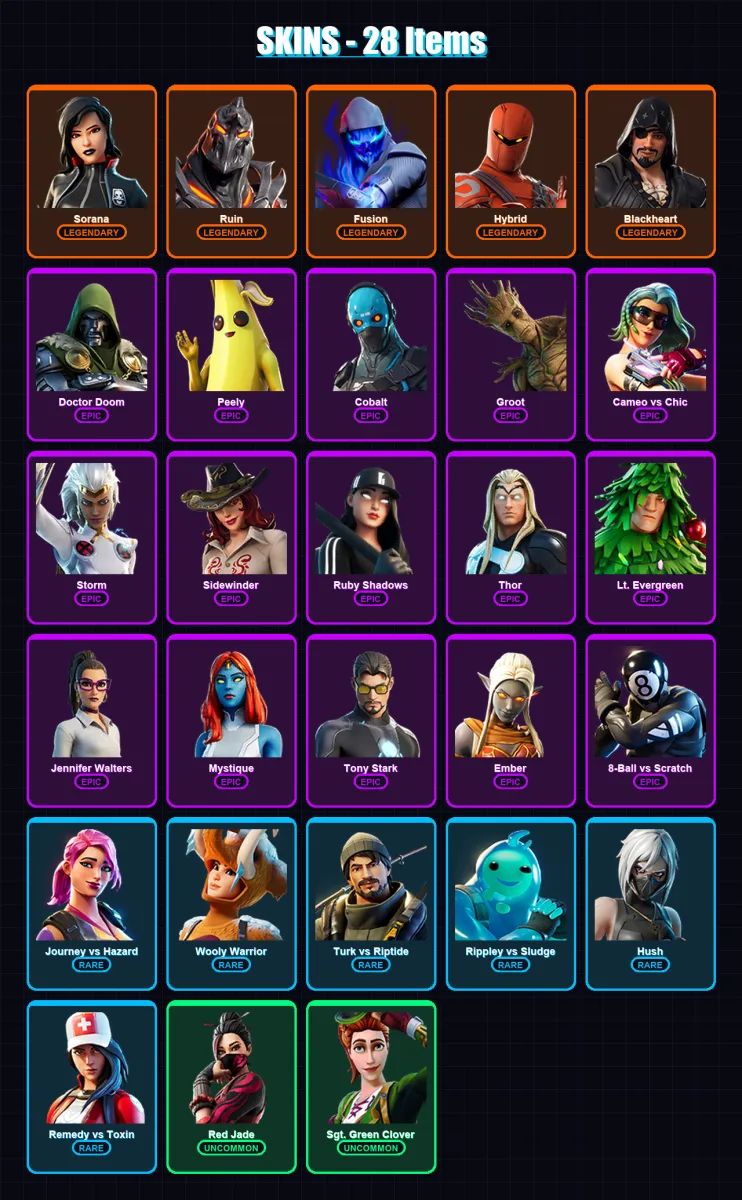 [PC/XBOX/PSN] | Sorana | Ruin | Fusion | Hybrid | Blackheart | 28 skin | 41 pickaxe | 45 emote | 46 glider | Lv976