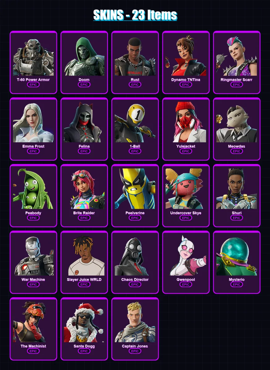 [PS4/PS5/XBOX/PC] | T-60 Power Armor | Doom | Rust | Dynamo TNTina | Ringmaster Scarr | 23 skin | 56 pickaxe | 40 emote | 47 glider | Lv1142