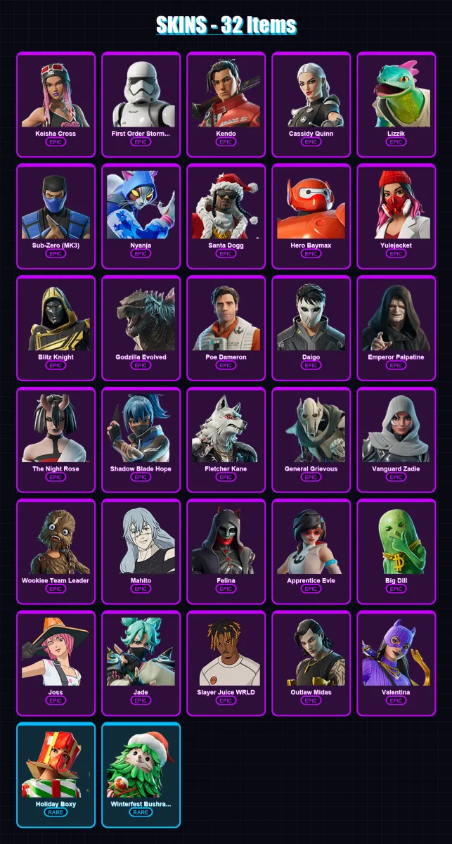 [PC/XBOX/PSN] | Keisha Cross | First Order Stormtrooper | Kendo | Cassidy Quinn | Lizzik | 32 skin | 86 pickaxe | 52 emote | 63 glider | Lv880