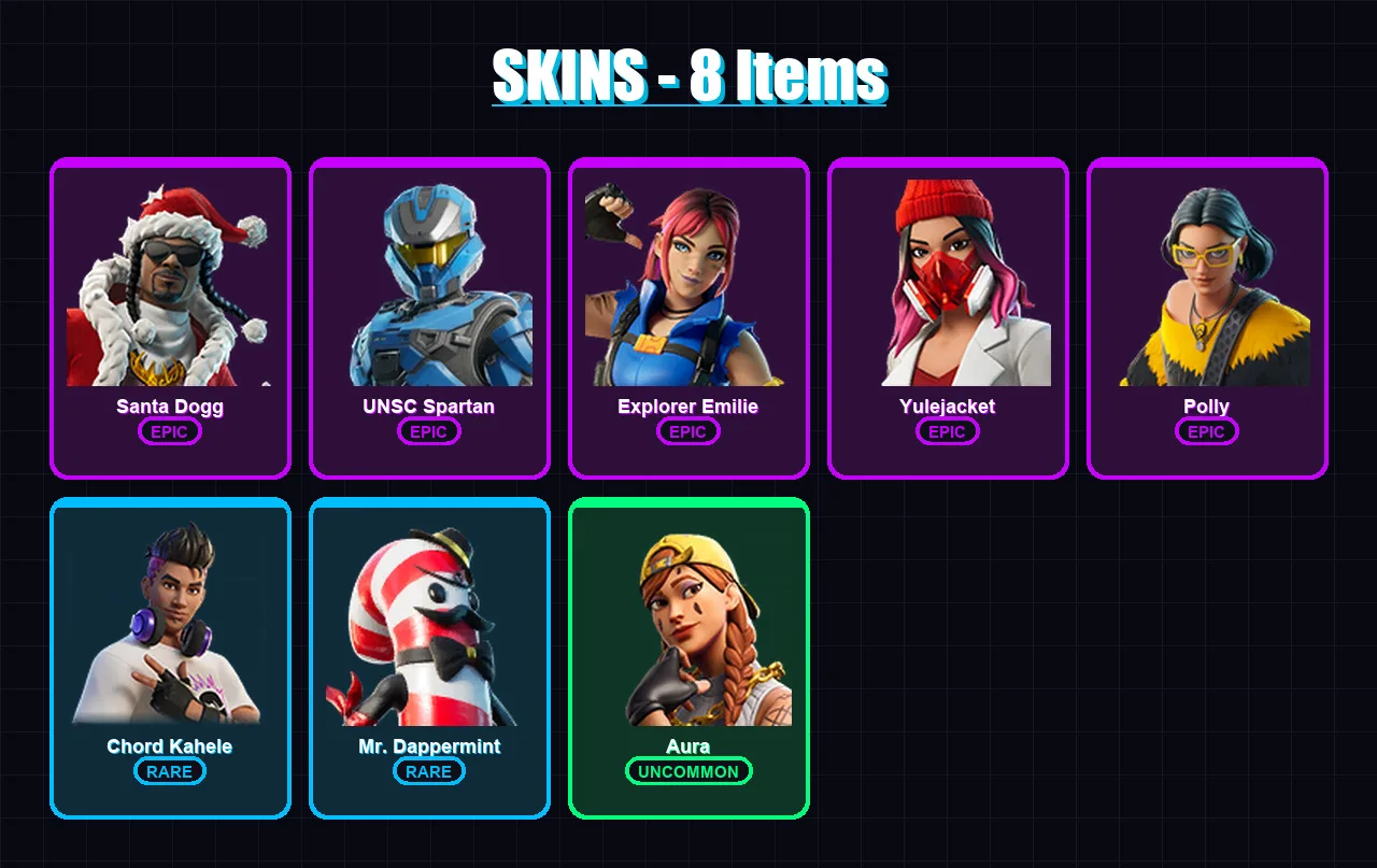 [PC/XBOX/PSN] | Santa Dogg | UNSC Spartan | Explorer Emilie | Yulejacket | Polly | 8 skin | 18 pickaxe | 8 emote | 13 glider | Lv144