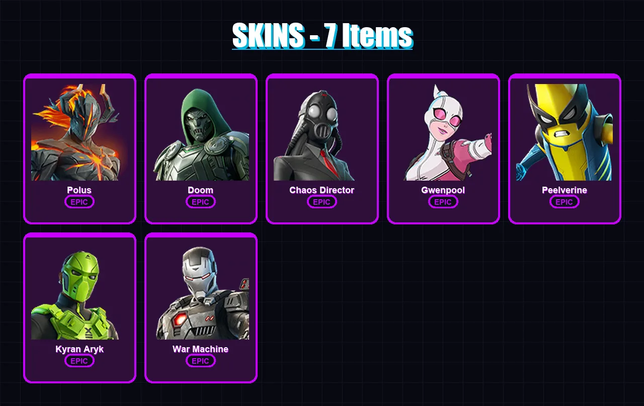 [PC/XBOX/PSN] | Polus | Doom | Chaos Director | Gwenpool | Peelverine | 7 skin | 14 pickaxe | 7 emote | 8 glider | Lv161