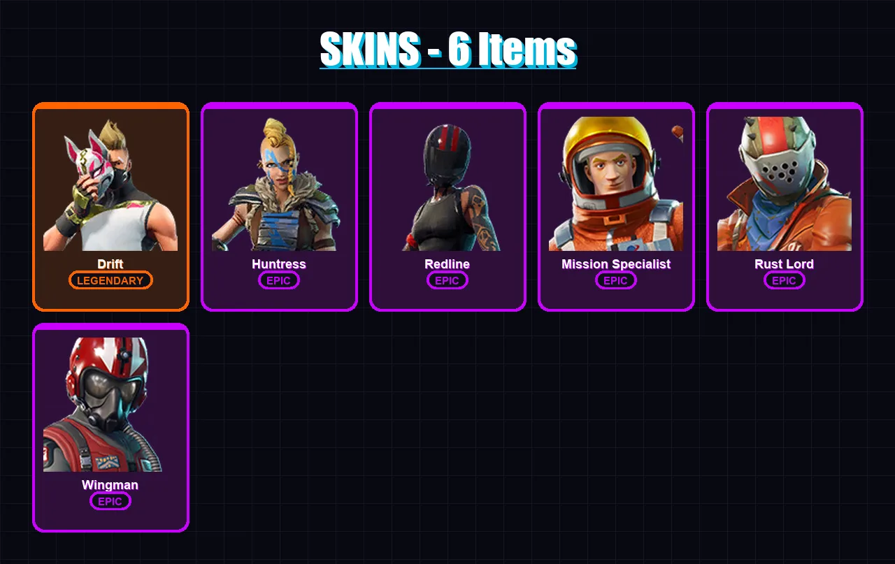 [PC/XBOX/PSN] | Drift | Huntress | Redline | Mission Specialist | Rust Lord | 6 skin | 4 pickaxe | 5 emote | 6 glider | Lv81