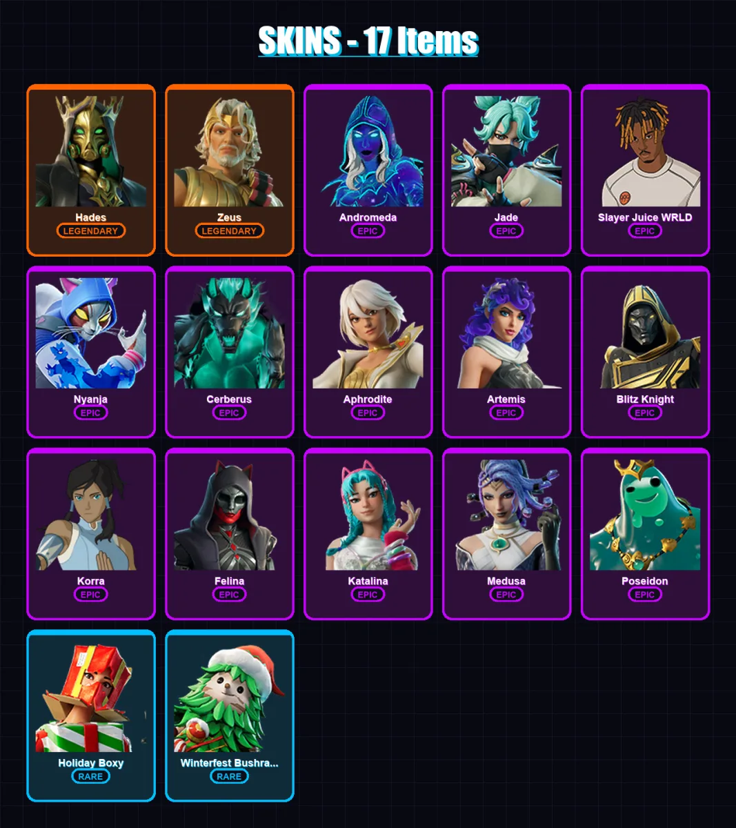 [PC/XBOX] | Hades | Zeus | Andromeda | Jade | Slayer Juice WRLD | 17 skin | 46 pickaxe | 26 emote | 34 glider | Lv714