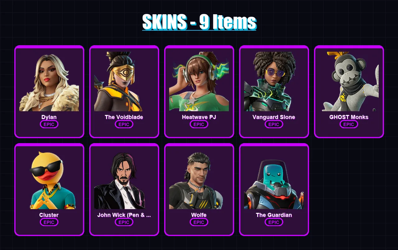 [PS4/PS5/XBOX/PC] | Dylan | The Voidblade | Heatwave PJ | Vanguard Slone | GHOST Monks | 9 skin | 13 pickaxe | 12 emote | 11 glider | Lv125