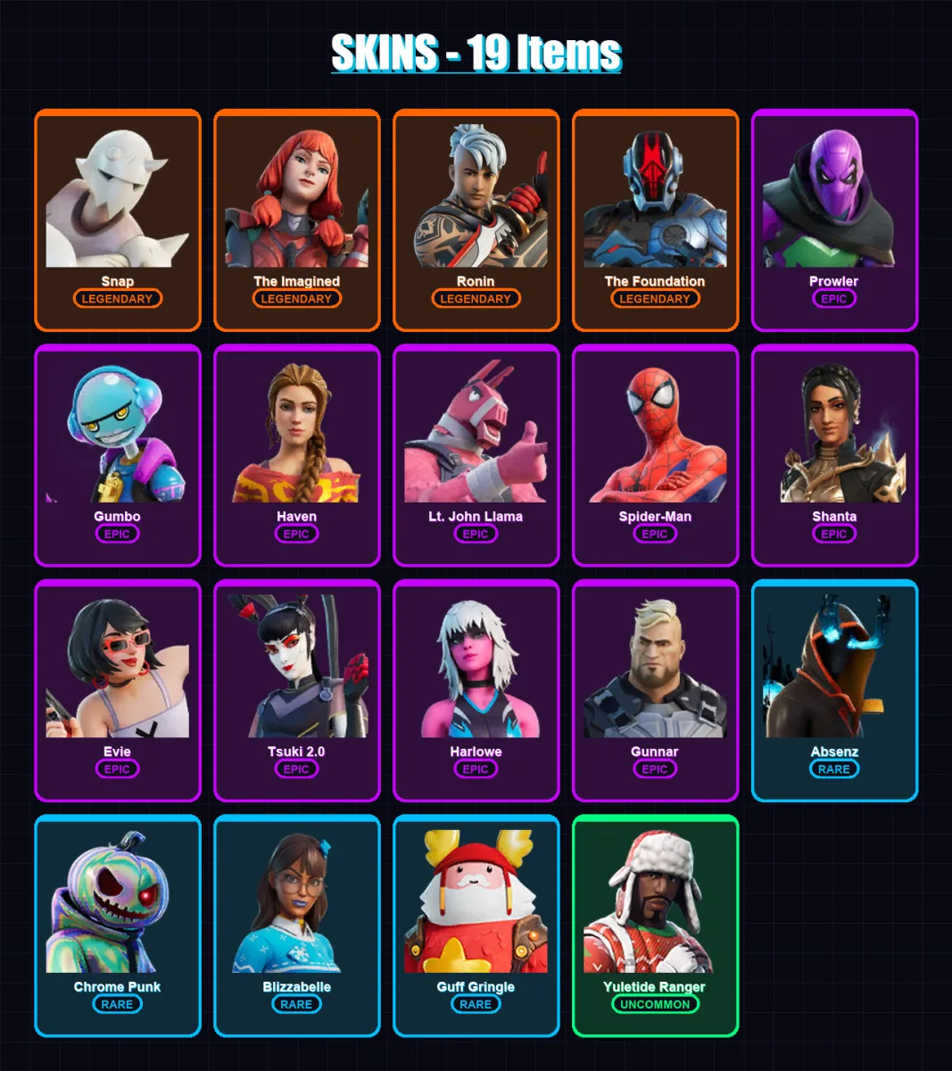 [PC/XBOX/PSN] | Snap | The Imagined | Ronin | The Foundation | Prowler | 19 skin | 24 pickaxe | 16 emote | 27 glider | Lv358