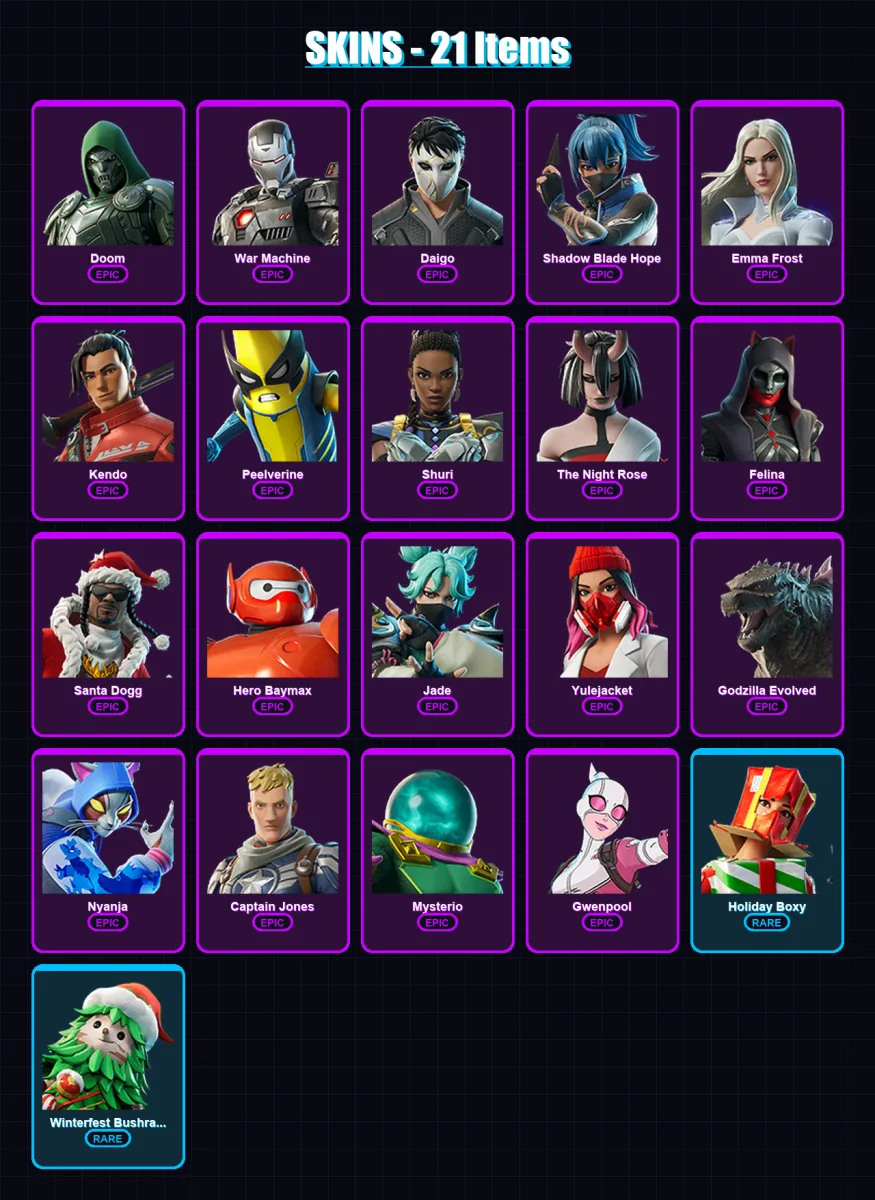 [PC/XBOX/PSN] | Doom | War Machine | Daigo | Shadow Blade Hope | Emma Frost | 21 skin | 49 pickaxe | 33 emote | 38 glider | Lv538