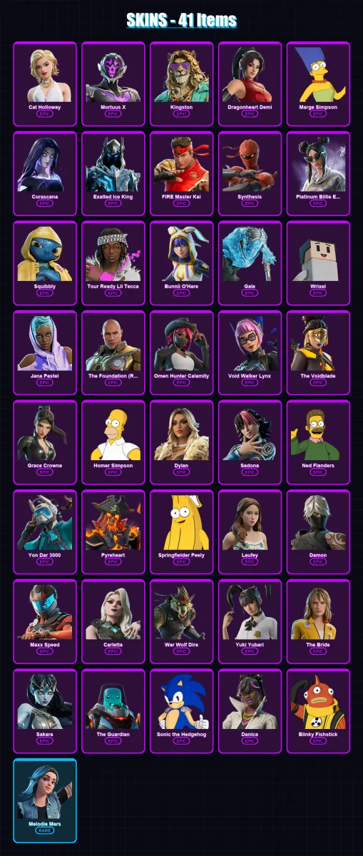 [PC/PSN] | Cat Holloway | Mortuus X | Kingston | Dragonheart Demi | Marge Simpson | 41 skin | 58 pickaxe | 33 emote | 27 glider | Lv208