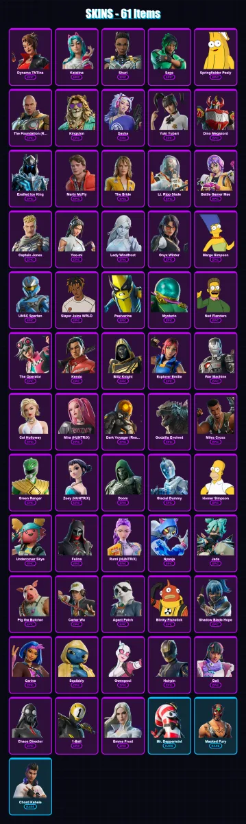 [PS4/PS5/XBOX/PC] | Dynamo TNTina | Katalina | Shuri | Sage | Springfielder Peely | 61 skin | 118 pickaxe | 73 emote | 76 glider | Lv1350