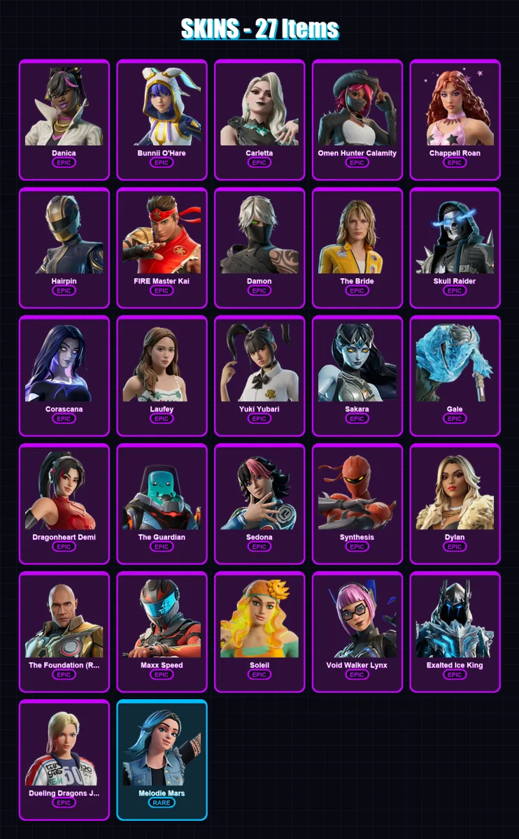 [PC/PSN] | Danica | Bunnii O'Hare | Carletta | Omen Hunter Calamity | Chappell Roan | 27 skin | 15 pickaxe | 3 emote | 7 glider | Lv14