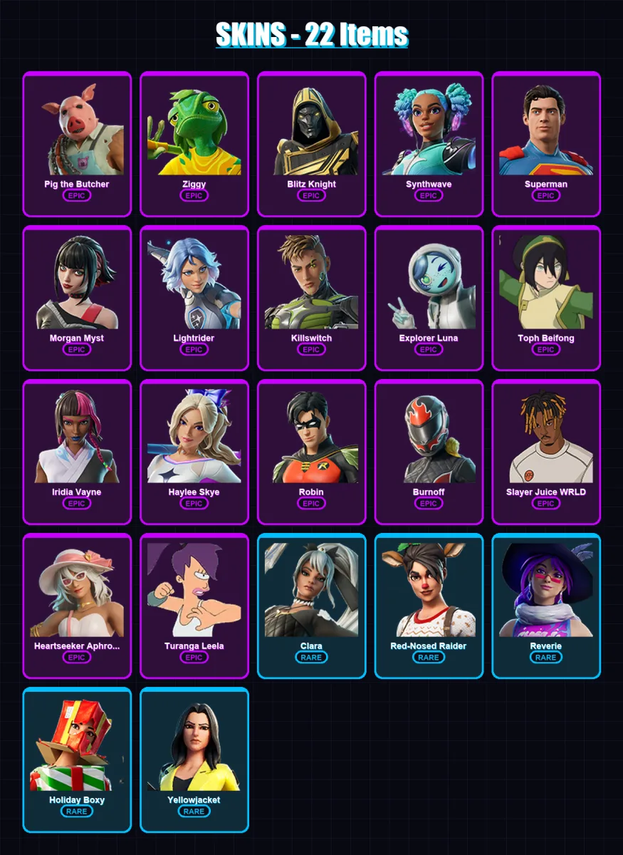 [SWITCH/PSN/PC] | Pig the Butcher | Ziggy | Blitz Knight | Synthwave | Superman | 22 skin | 71 pickaxe | 34 emote | 49 glider | Lv964