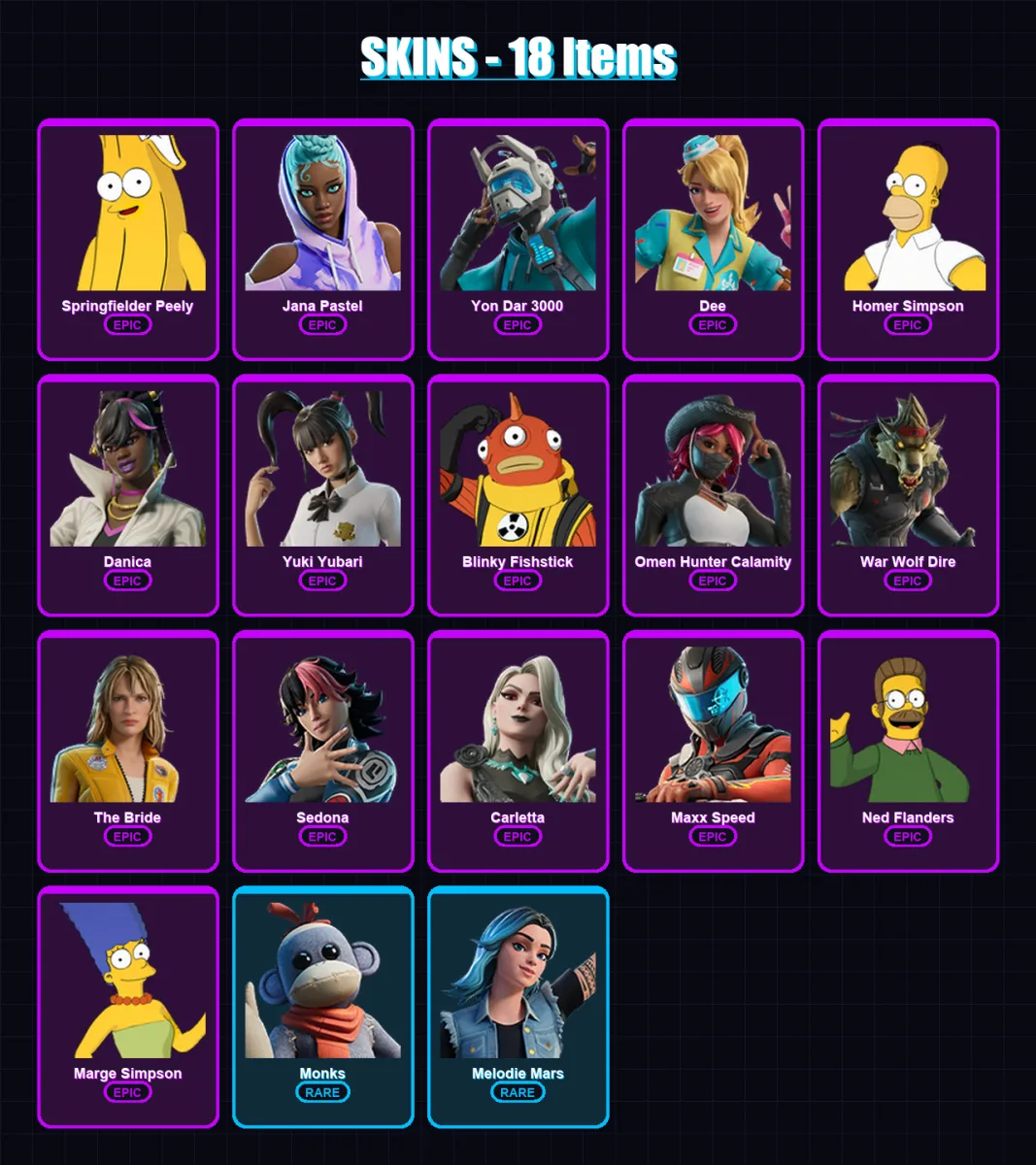 [PC/PSN] | Springfielder Peely | Jana Pastel | Yon Dar 3000 | Dee | Homer Simpson | 18 skin | 24 pickaxe | 16 emote | 16 glider | Lv136 — Game account