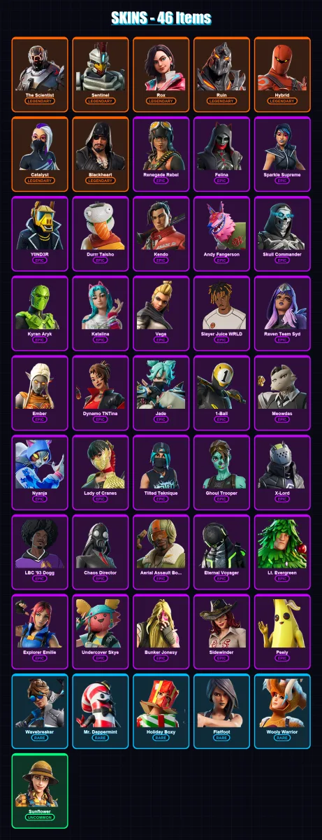 [PC/XBOX/PSN] | The Scientist | Sentinel | Rox | Ruin | Hybrid | 46 skin | 56 pickaxe | 42 emote | 44 glider | Lv830