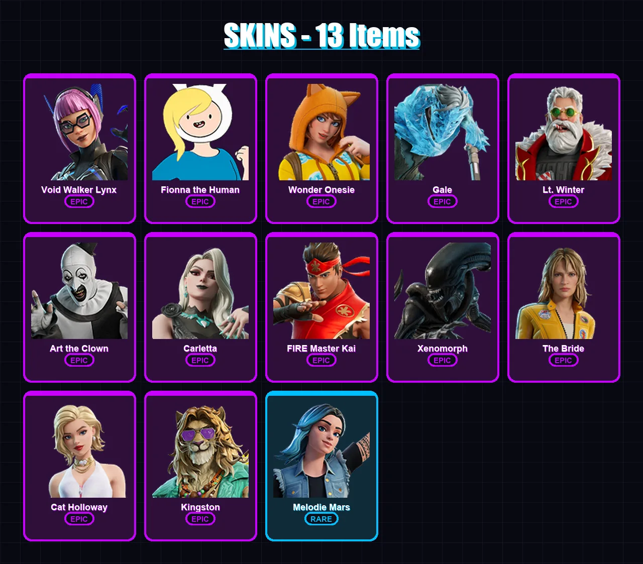 [PC/XBOX/PSN] | Void Walker Lynx | Fionna the Human | Wonder Onesie | Gale | Lt. Winter | 13 skin | 29 pickaxe | 18 emote | 20 glider | Lv106 — Fortnite account