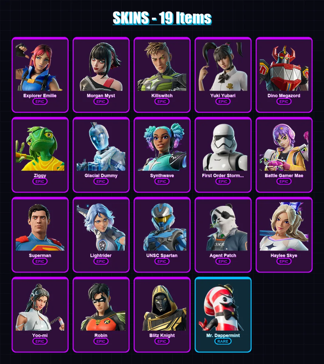 [PC/XBOX/PSN] | Explorer Emilie | Morgan Myst | Killswitch | Yuki Yubari | Dino Megazord | 19 skin | 41 pickaxe | 20 emote | 31 glider | Lv327 — Fortnite account