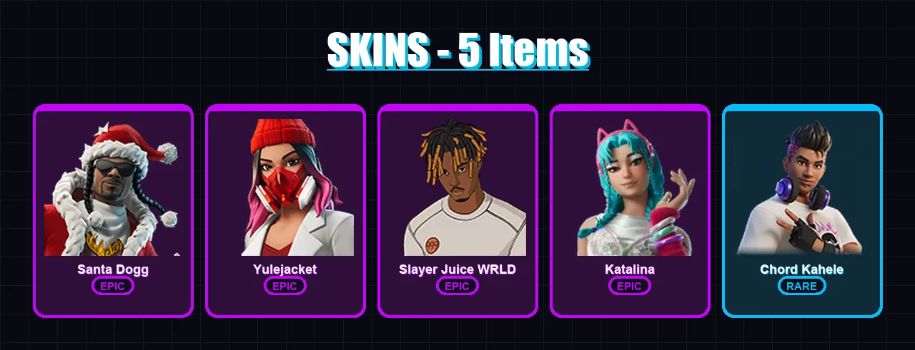 [PC/XBOX/PSN] | Santa Dogg | Yulejacket | Slayer Juice WRLD | Katalina | Chord Kahele | 5 skin | 28 pickaxe | 10 emote | 20 glider | Lv198