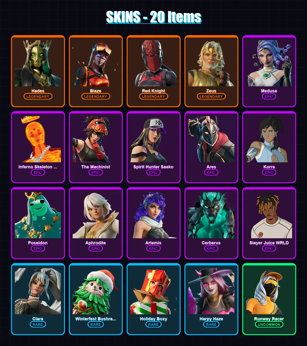 [PC/XBOX/PSN] | Hades | Blaze | Red Knight | Zeus | Medusa | 20 skin | 41 pickaxe | 21 emote | 24 glider | Lv413