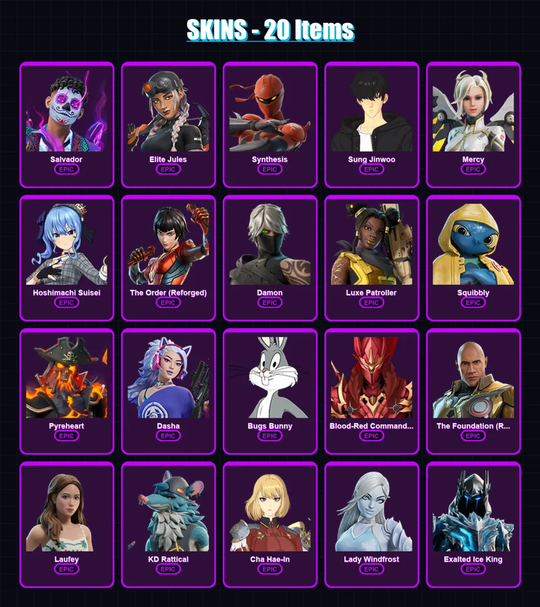 [PS4/PS5/PC] | Salvador | Elite Jules | Synthesis | Sung Jinwoo | Mercy | 20 skin | 22 pickaxe | 15 emote | 13 glider | Lv143