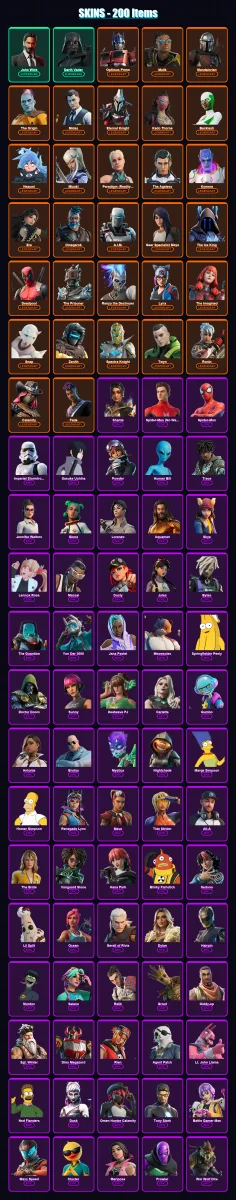 [PS4/PS5/XBOX/PC] | John Wick | Darth Vader | Optimus Prime | Malik | Mandalorian | 200 skin | 212 pickaxe | 194 emote | 189 glider | Lv3240