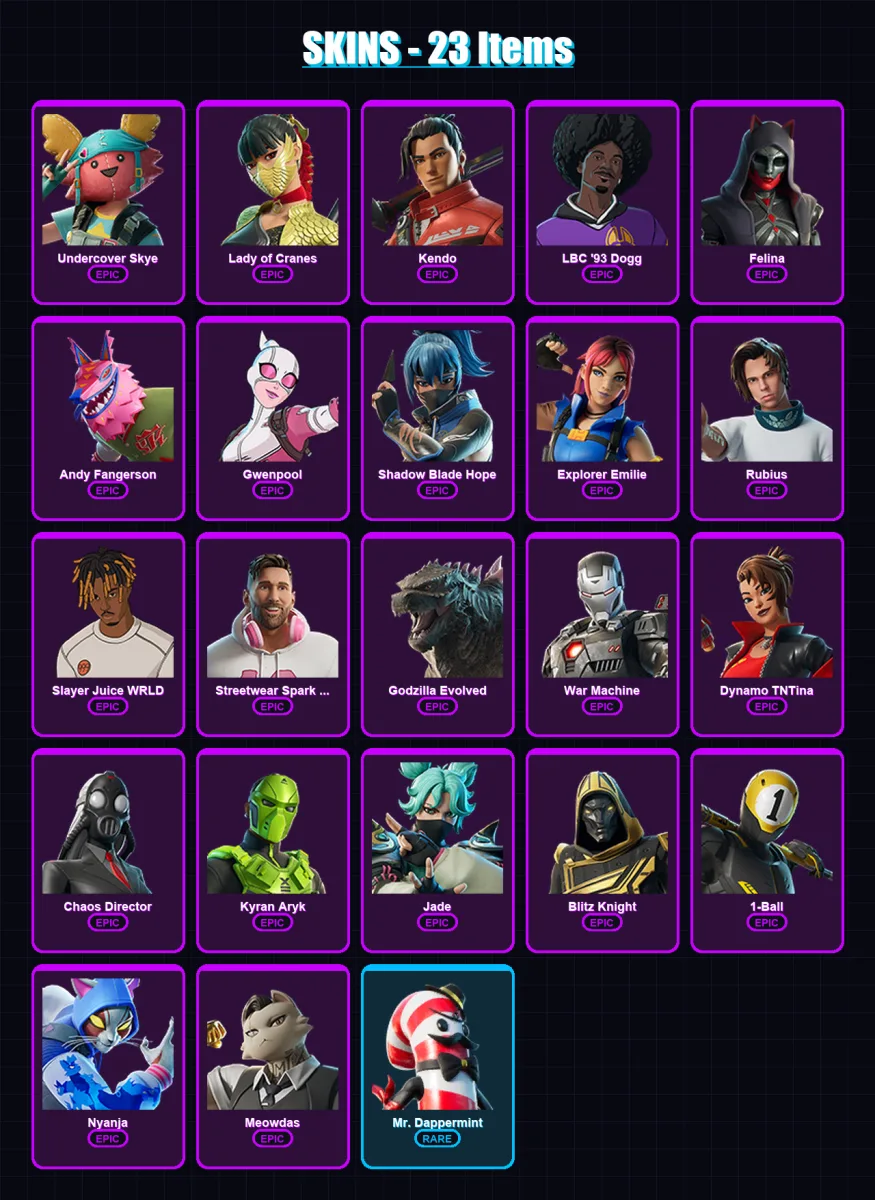[PC/XBOX/PSN] | Undercover Skye | Lady of Cranes | Kendo | LBC '93 Dogg | Felina | 23 skin | 46 pickaxe | 23 emote | 27 glider | Lv208