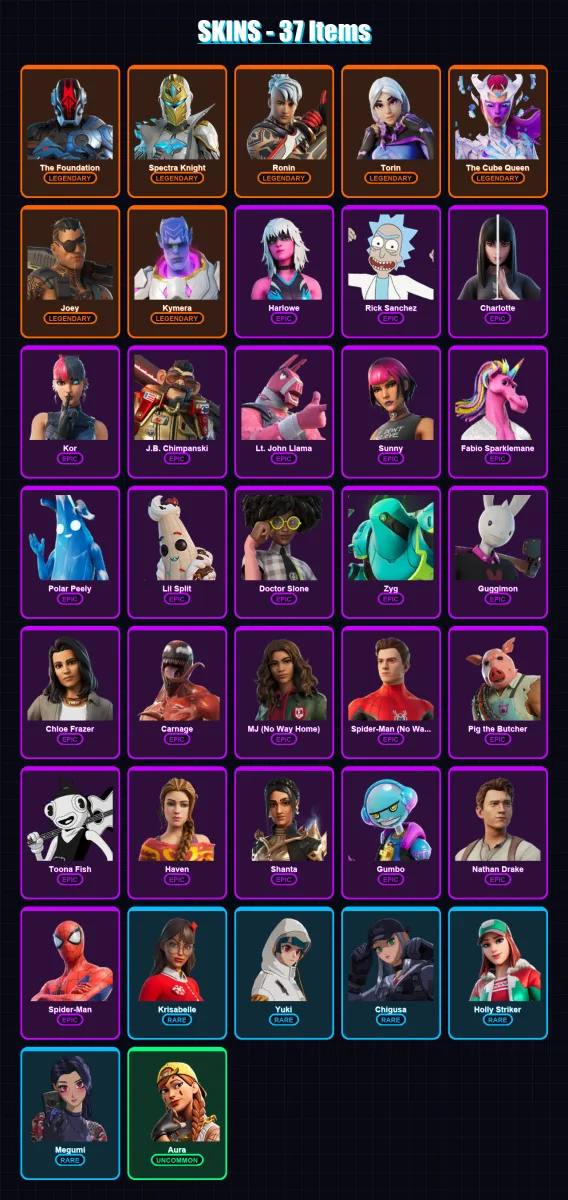 [PS4/PS5/XBOX/PC] | The Foundation | Spectra Knight | Ronin | Torin | The Cube Queen | 37 skin | 55 pickaxe | 49 emote | 39 glider | Lv687