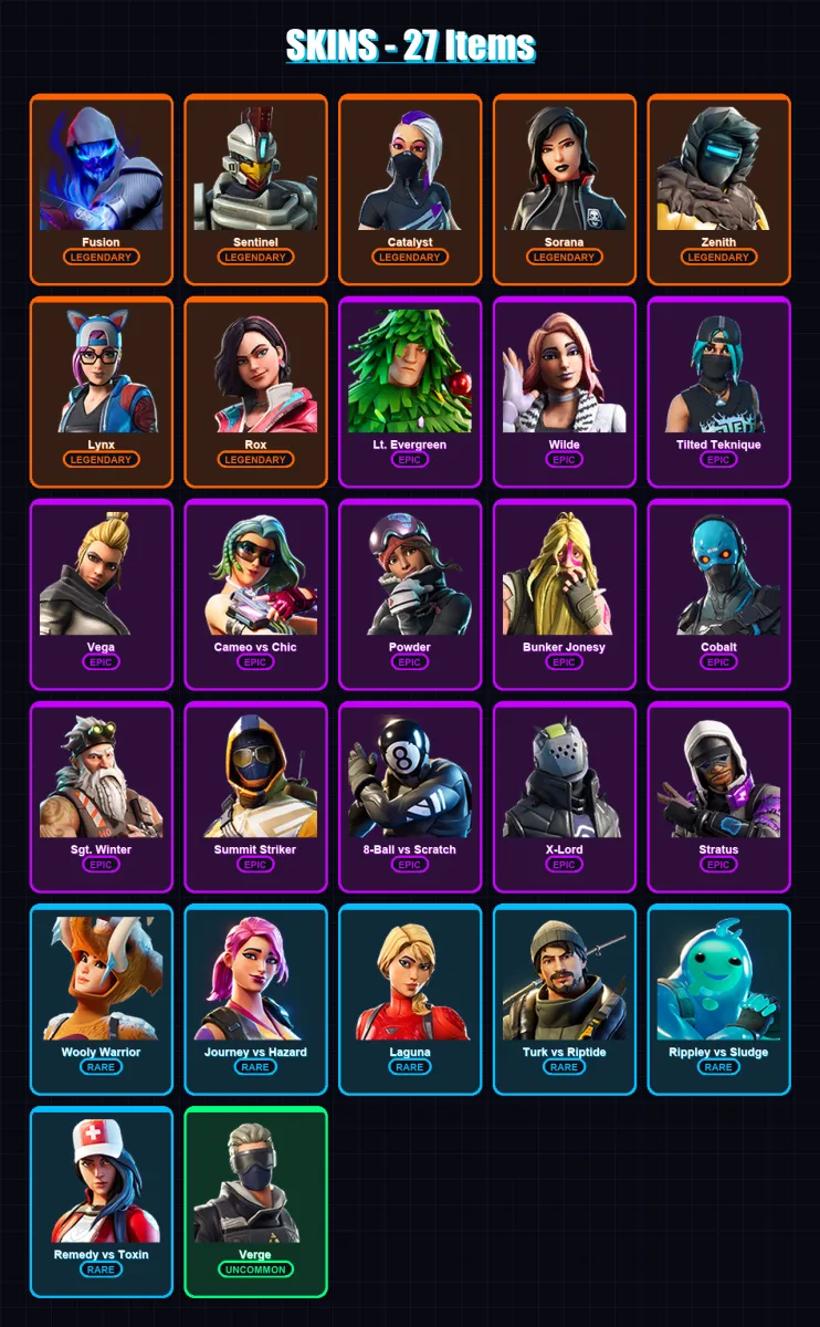 [PC/XBOX/PSN] | Fusion | Sentinel | Catalyst | Sorana | Zenith | 27 skin | 25 pickaxe | 49 emote | 26 glider | Lv409