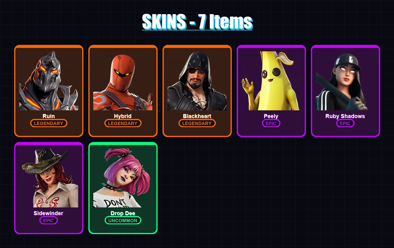[PC/XBOX/PSN] | Ruin | Hybrid | Blackheart | Peely | Ruby Shadows | 7 skin | 14 pickaxe | 26 emote | 19 glider | Lv369