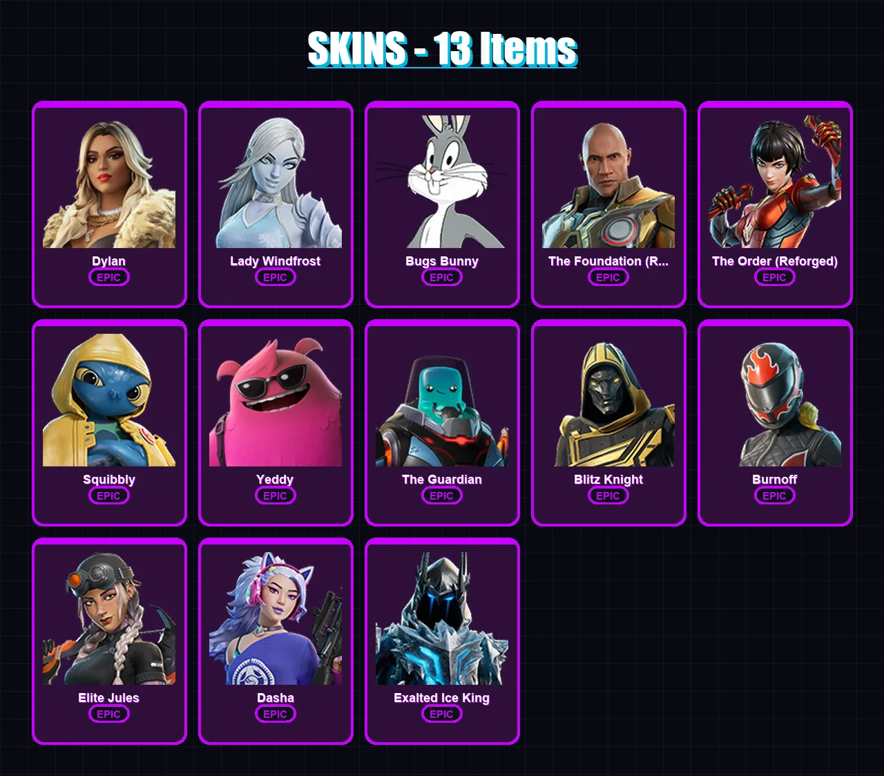 [PC/XBOX/PSN] | Dylan | Lady Windfrost | Bugs Bunny | 13 skin | Lv307