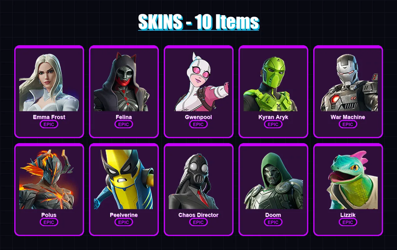 [PC/XBOX/PSN] | Emma Frost | Felina | Gwenpool | Kyran Aryk | War Machine | 10 skin | 11 pickaxe | 8 emote | 9 glider | Lv64 — Fortnite account