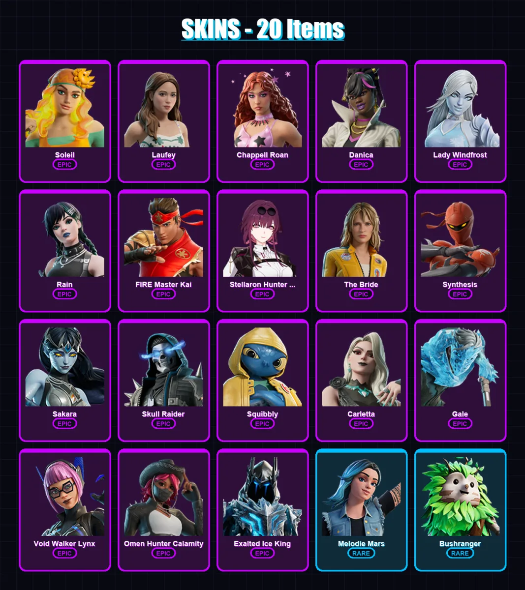 [PC/XBOX/PSN] | Soleil | Laufey | Chappell Roan | Danica | Lady Windfrost | 20 skin | 13 pickaxe | 7 emote | 10 glider | Lv51