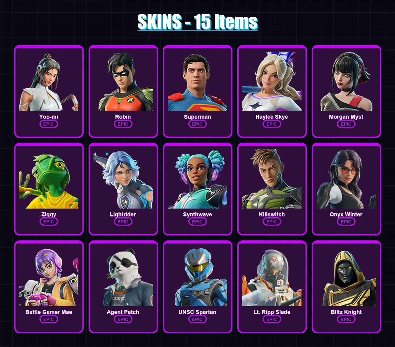 [PS4/PS5/XBOX/PC] | Yoo-mi | Robin | Superman | Haylee Skye | Morgan Myst | 15 skin | 32 pickaxe | 20 emote | 28 glider | Lv344