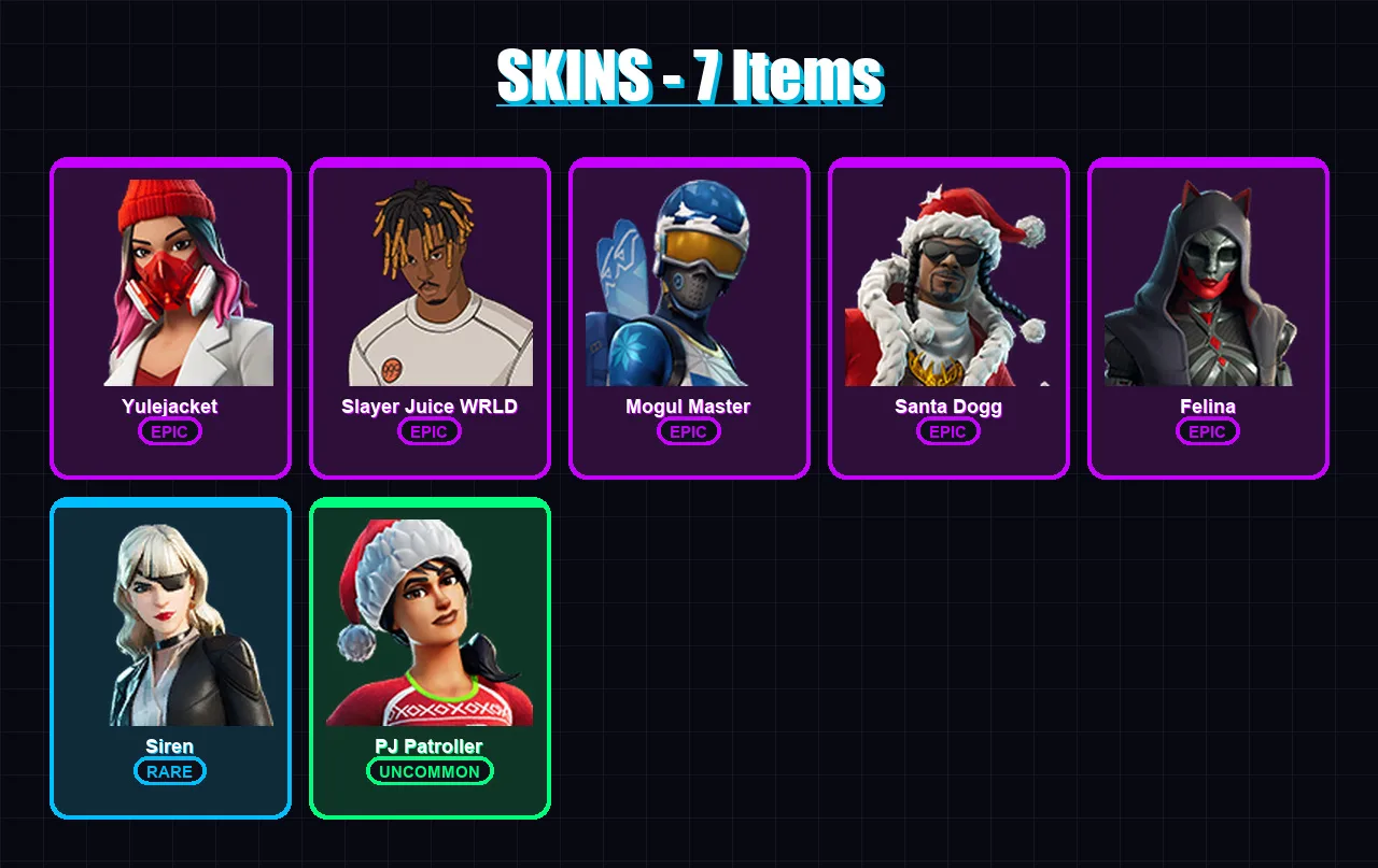 [PC/XBOX/PSN] | Yulejacket | Slayer Juice WRLD | Mogul Master | Santa Dogg | Felina | 7 skin | 33 pickaxe | 13 emote | 23 glider | Lv505
