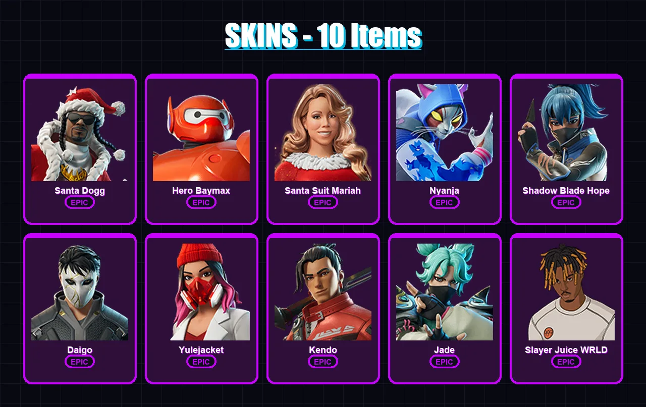 [PC/XBOX/PSN] | Santa Dogg | Hero Baymax | Santa Suit Mariah | Nyanja | Shadow Blade Hope | 10 skin | 13 pickaxe | 11 emote | 10 glider | Lv120