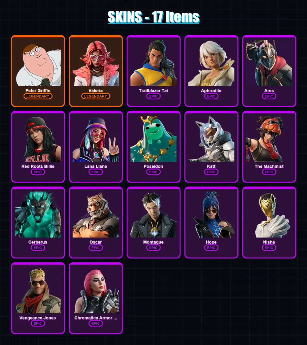 [PC/XBOX/PSN] | Peter Griffin | Valeria | Trailblazer Tai | Aphrodite | Ares | 17 skin | 22 pickaxe | 17 emote | 11 glider | Lv227 — Fortnite account