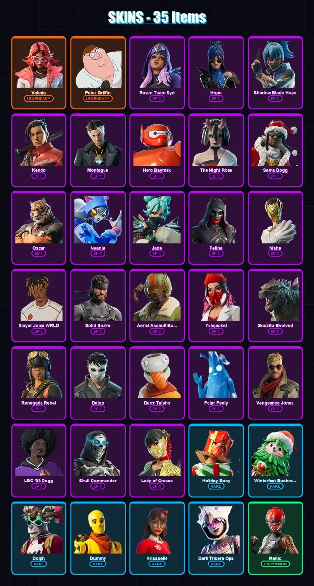 [PC] | Valeria | Peter Griffin | Raven Team Syd | Hope | Shadow Blade Hope | 35 skin | 54 pickaxe | 44 emote | 39 glider | Lv512