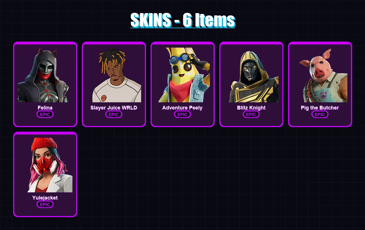 [PC/XBOX/PSN] | Felina | Slayer Juice WRLD | Adventure Peely | Blitz Knight | Pig the Butcher | 6 skin | 40 pickaxe | 20 emote | 24 glider | Lv318