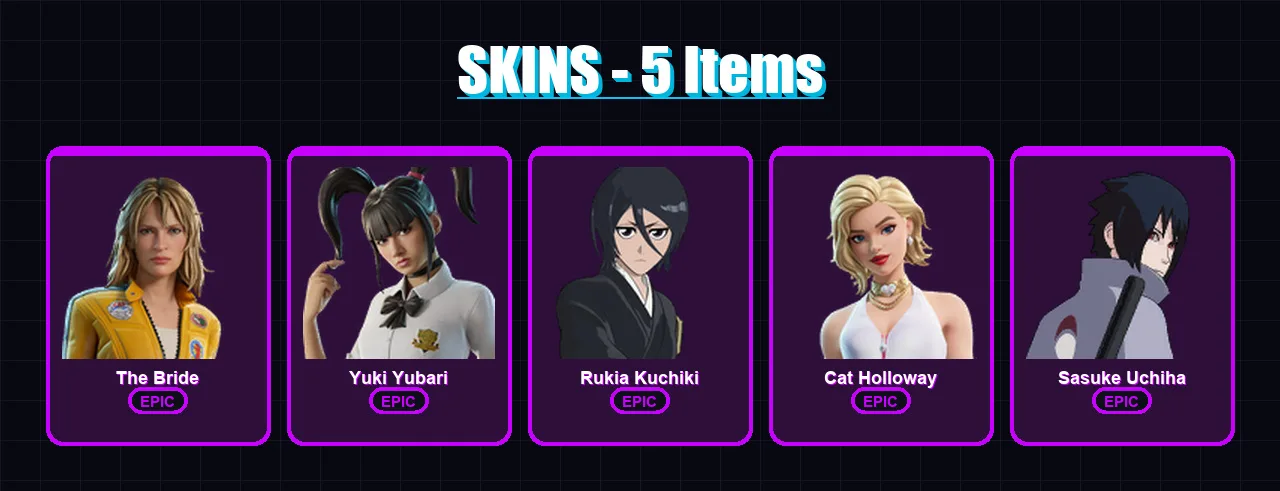 [PC/XBOX/PSN] | The Bride | Yuki Yubari | Rukia Kuchiki | Cat Holloway | Sasuke Uchiha | 5 skin | 10 pickaxe | 6 emote | 6 glider | Lv32