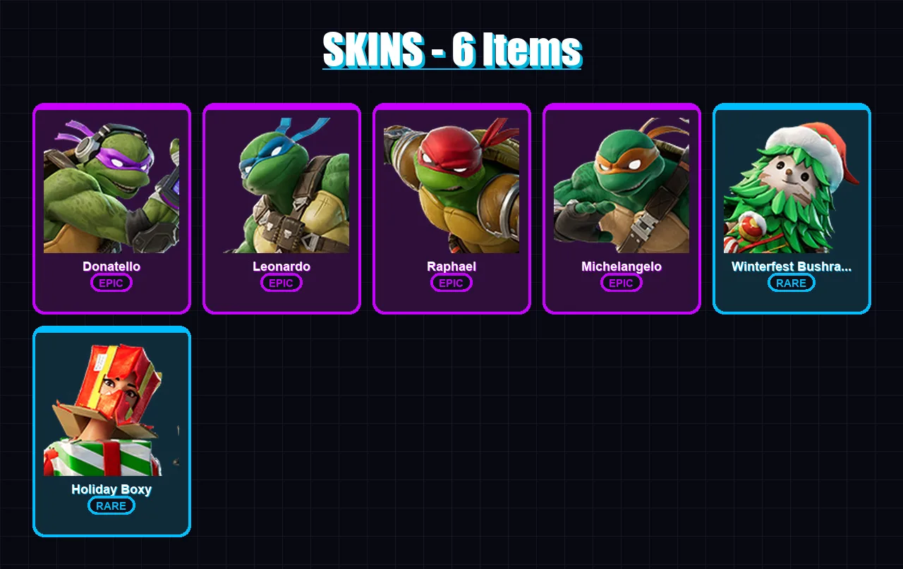 [PS4/PS5/XBOX/PC] | Donatello | Leonardo | Raphael | Michelangelo | Winterfest Bushranger | 6 skin | 21 pickaxe | 13 emote | 16 glider | Lv258