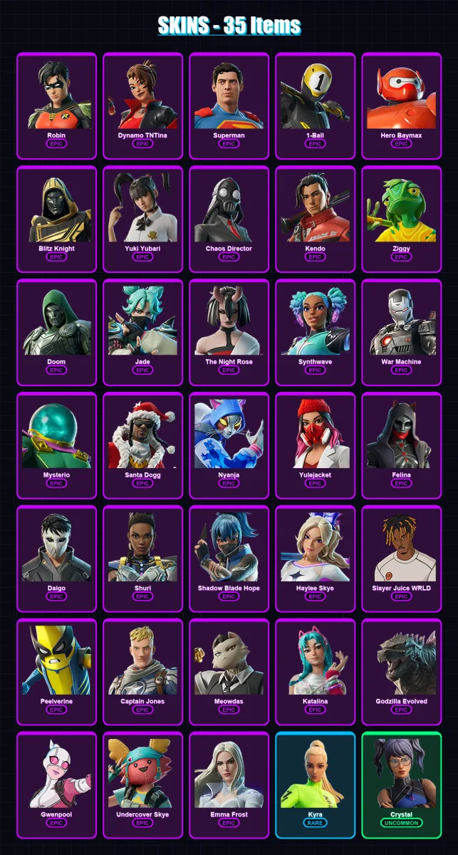 [PC/XBOX/PSN] | Robin | Dynamo TNTina | Superman | 1-Ball | Hero Baymax | 35 skin | 79 pickaxe | 47 emote | 56 glider | Lv654 — Fortnite account