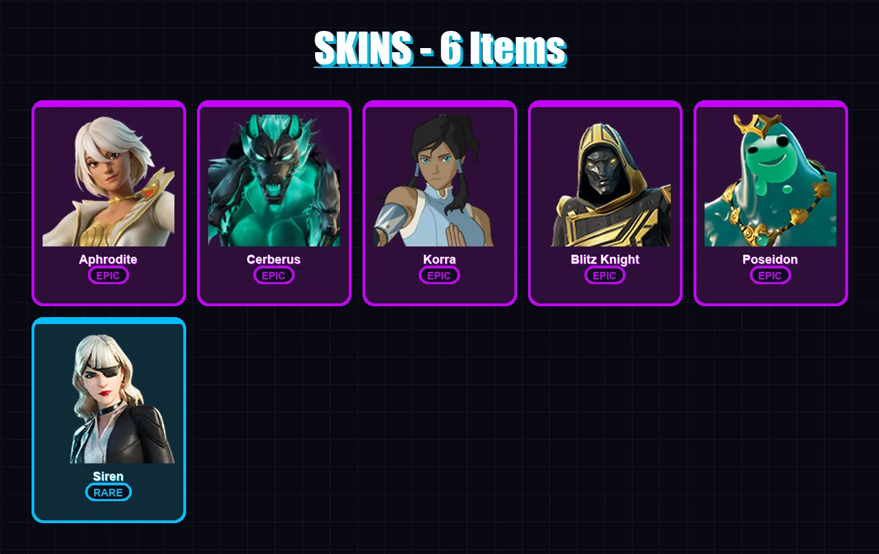 [PC/XBOX/PSN] | Aphrodite | Cerberus | Korra | Blitz Knight | Poseidon | 6 skin | 13 pickaxe | 5 emote | 11 glider | Lv170