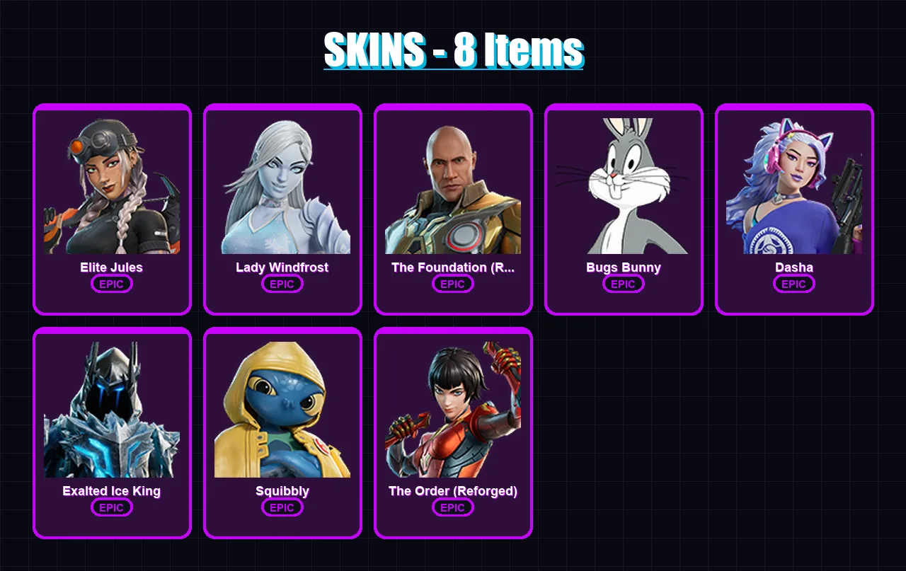 [PC/XBOX/PSN] | Elite Jules | Lady Windfrost | The Foundation (Reforged) | Bugs Bunny | Dasha | 8 skin | 14 pickaxe | 9 emote | 14 glider | Lv126
