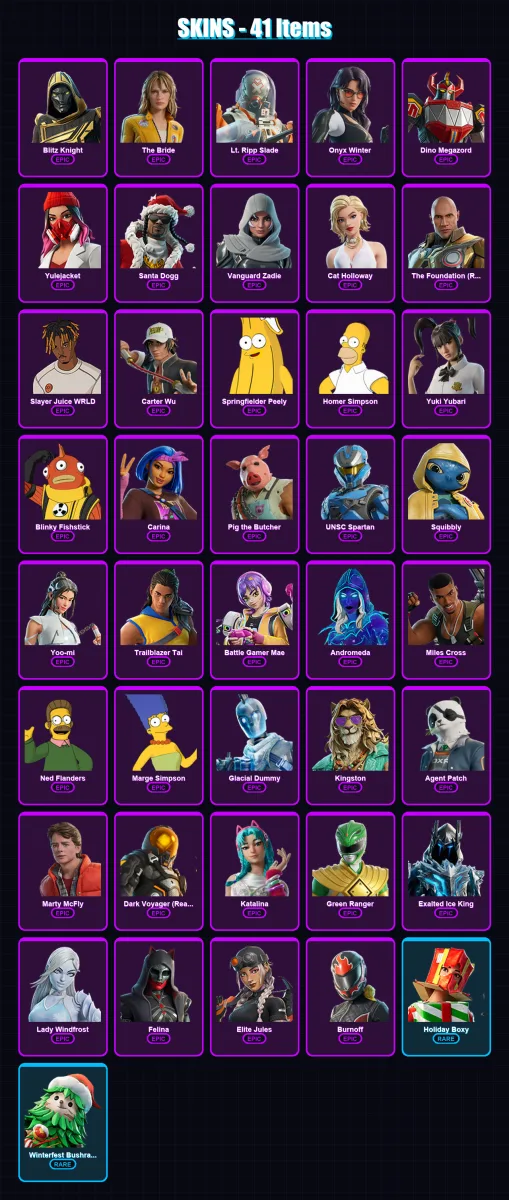[PS4/PS5/XBOX/PC] | Blitz Knight | The Bride | Lt. Ripp Slade | Onyx Winter | Dino Megazord | 41 skin | 102 pickaxe | 55 emote | 66 glider | Lv1299