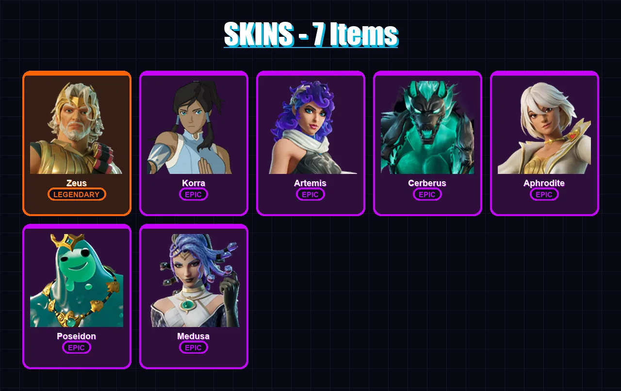 [PC/XBOX/PSN] | Zeus | Korra | Artemis | Cerberus | Aphrodite | 7 skin | 23 pickaxe | 16 emote | 15 glider | Lv185