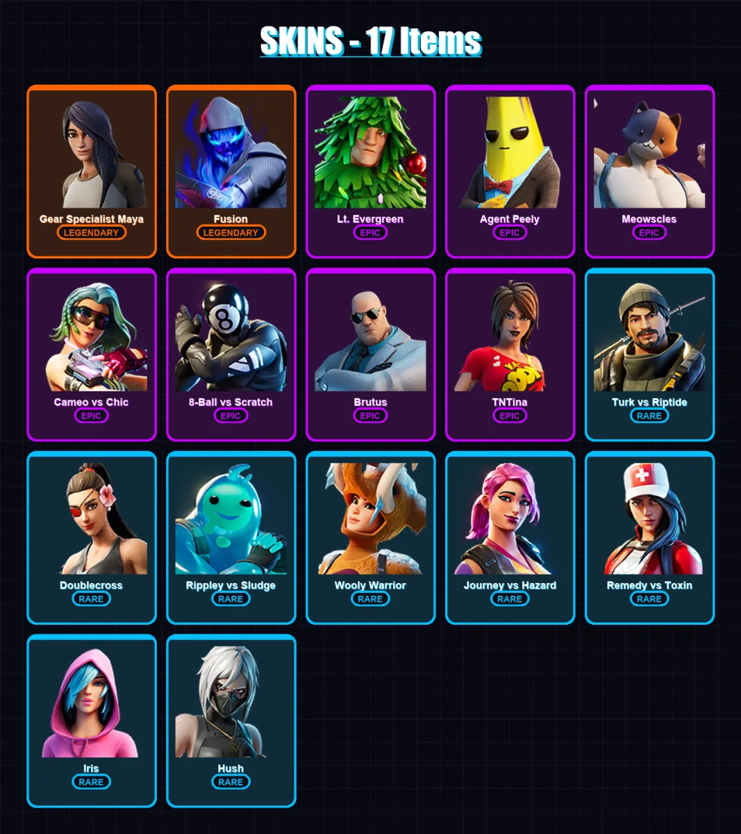 [PC/XBOX/PSN] | Gear Specialist Maya | Fusion | Lt. Evergreen | Agent Peely | Meowscles | 17 skin | 19 pickaxe | 19 emote | 19 glider | Lv209